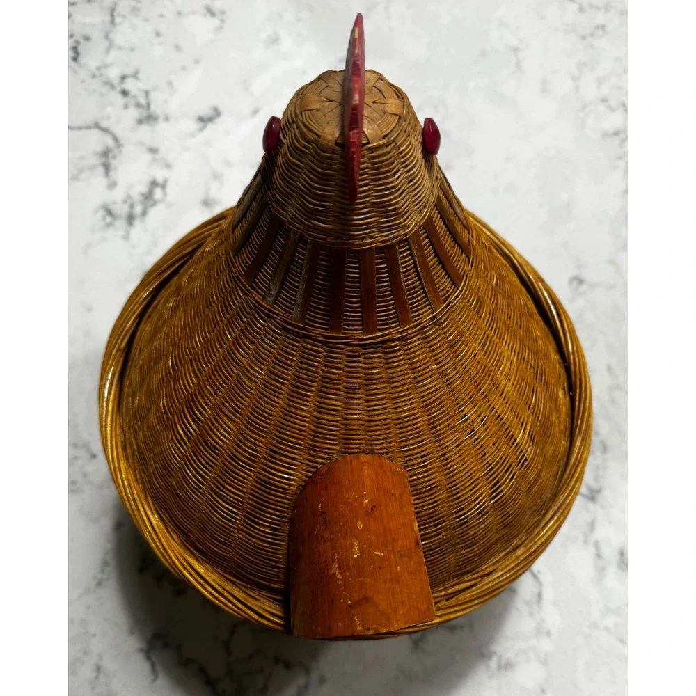 Vintage Hand-Woven Bamboo & Rattan Chicken Basket – As-Is 1960s/70s Folk Art